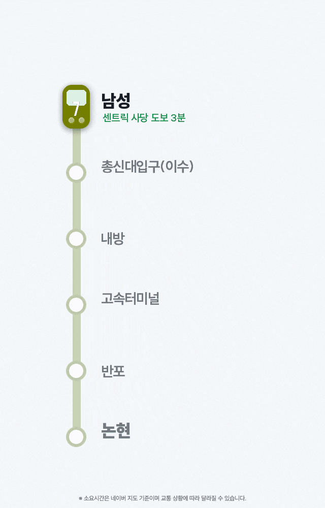 7호선 남성역에서 강남 직행 — 총신대입구(이수), 내방, 고속터미널, 반포, 논현 약 10분, 강남역 19분